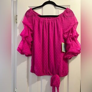 New CeCe Barbiecore Ruched Cha-Cha Sleeve Pullover Blouse Bow Detail Hem M